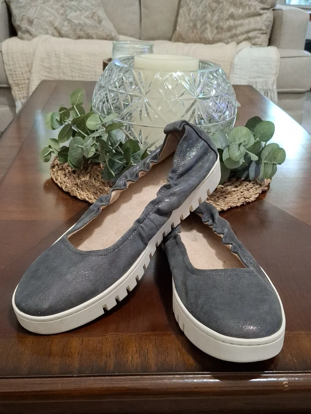 Vionic Uptown Ballet Flat Slip On Loafer Sneaker Polluted Silver Leather Sz 9.5